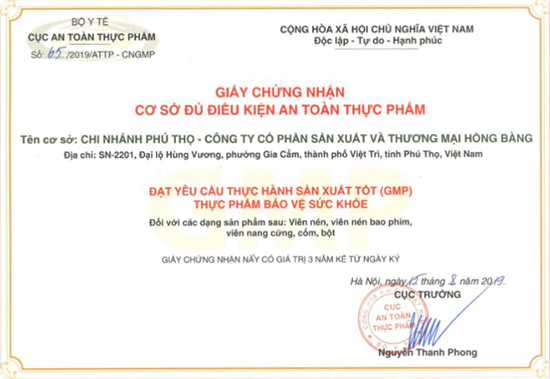 Chứng nhận đạt tiêu chuẩn GMP của công ty sản xuất TPCN Kim Đởm Khang