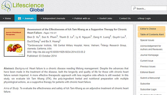Ích Tâm Khang đã được nghiên cứu lâm sàng và kết quả đăng tạp chí Quốc tế